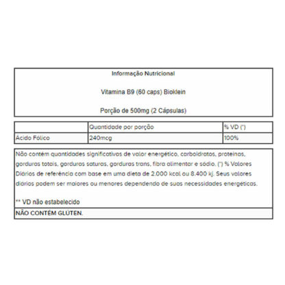 Vitamina B9 (60 caps) Tabela Nutricional Bioklein