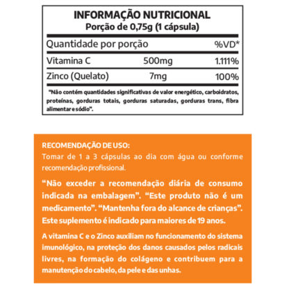 Vitamina C 500mg + Zinco (60 caps) Lauton Nutrition Tabela Nutricional