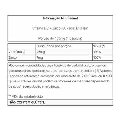 Vitamina C + Zinco (60 caps) Tabela Nutricional Bioklein