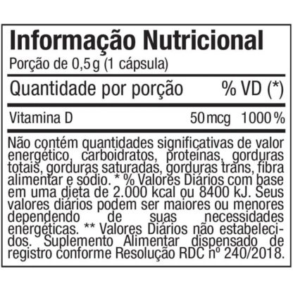 Vitamina D 2000UI (60 caps) Tabela Nutricional FTW