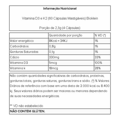 Vitamina D3 e K2 (60 Cápsulas Mastigáveis) Tabela Nutricional Bioklein