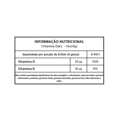 Vitamina D3 + K2 Líquida (20ml) Nutrify Tabela Nutricional