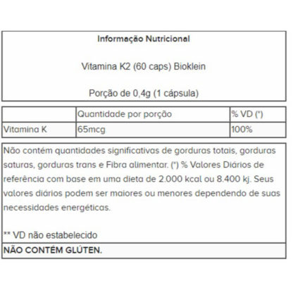 Vitamina K2 (60 caps) Bioklein tabela nutricional