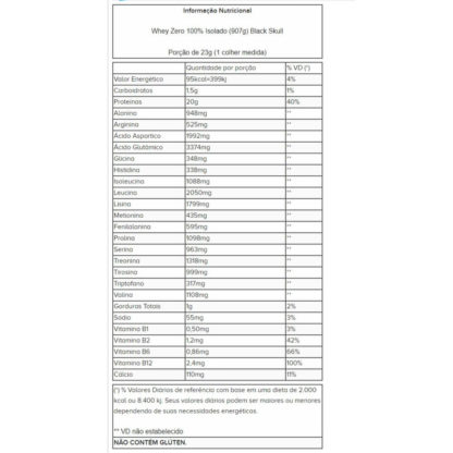 Whey Zero 100% Isolado (907g) Black Skull tabela nutricional