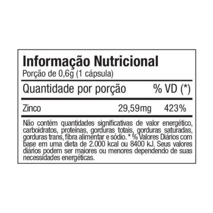 Zinco (60 caps) Tabela Nutricional Fitoway